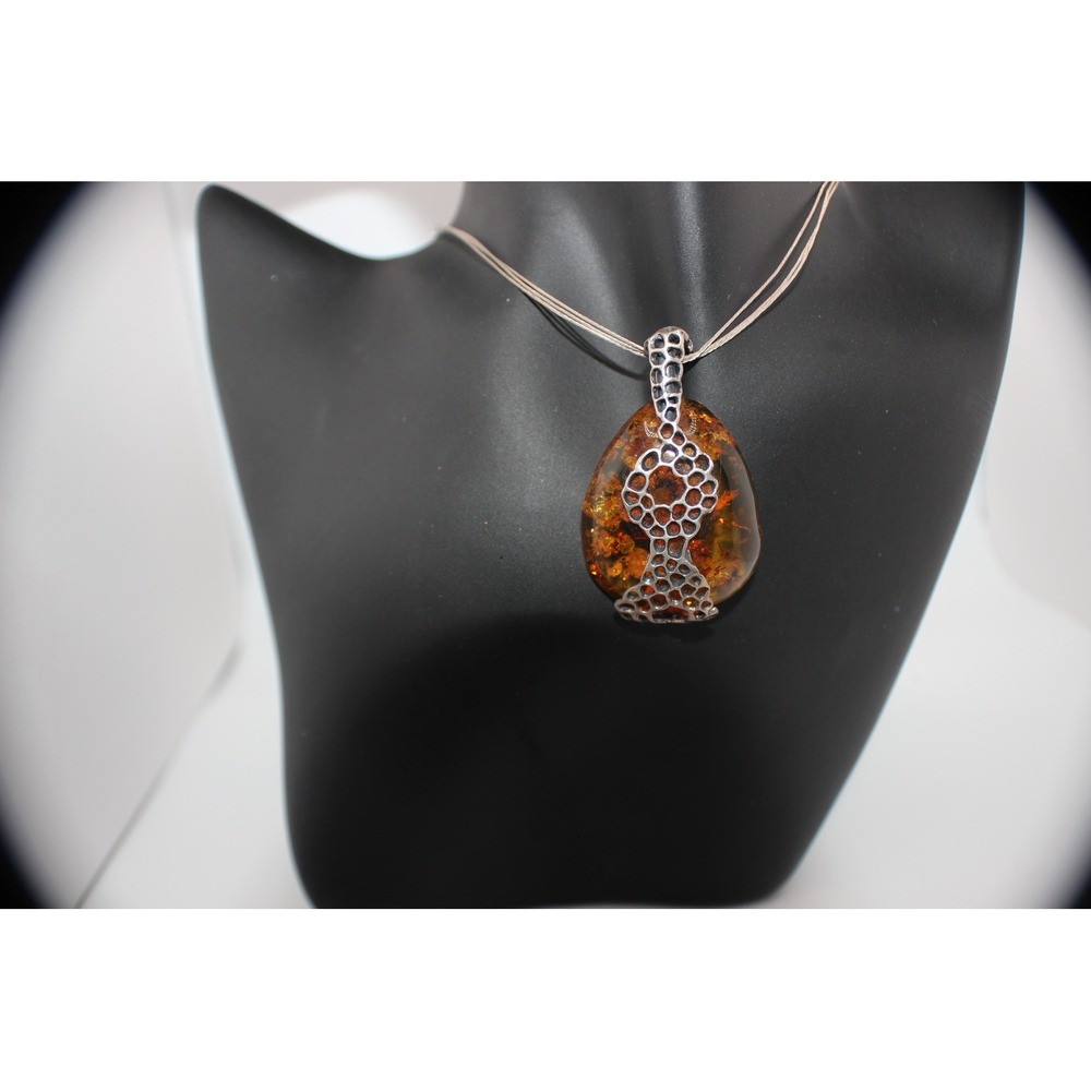 Sterling Silver Baltic Amber Honeycomb Teardrop Pendant Necklace Cognac 10.3g